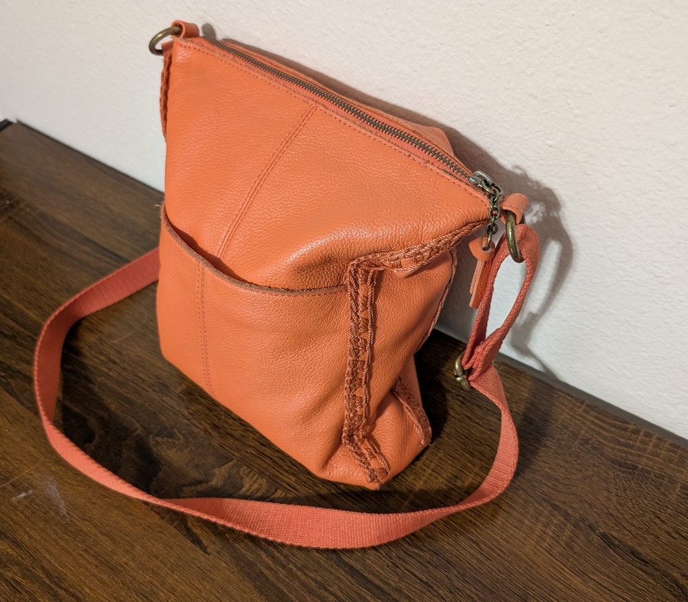 The Sak Lucia Classic Crossbody Bag Crochet w/ Strap Coral Orange Leather
